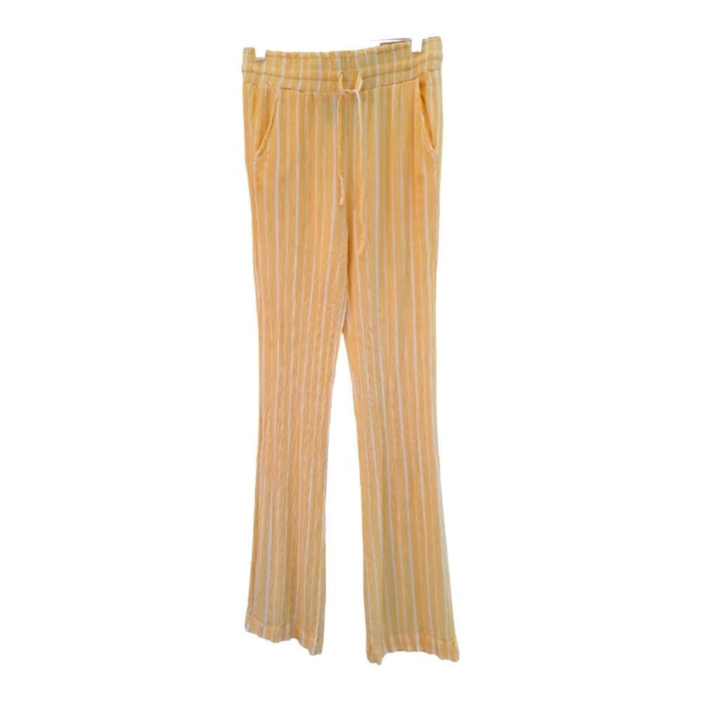 Soft Crinkly Beach Pants Butter Yellow Stretchy Pull On Drawstring Flowy size M - Picture 3 of 12